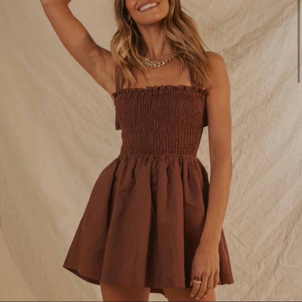 NEW W TAGS Peppermayo European Towns Linen Mini Dress in Chocolate Brown